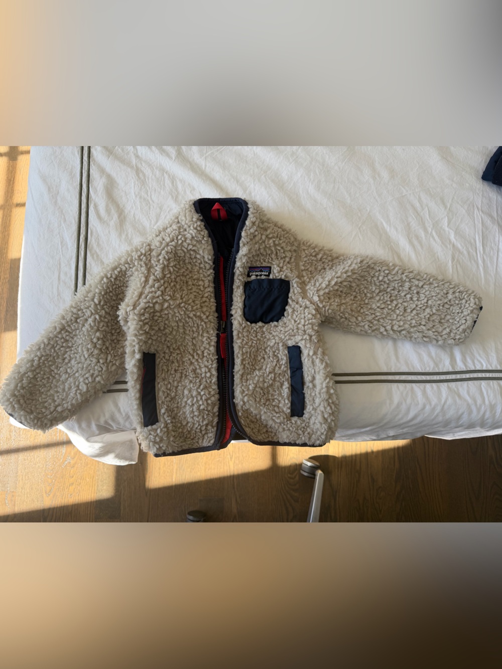 Patagonia Kids Sherpa Puffer Jacket in Cream with Navy Accents